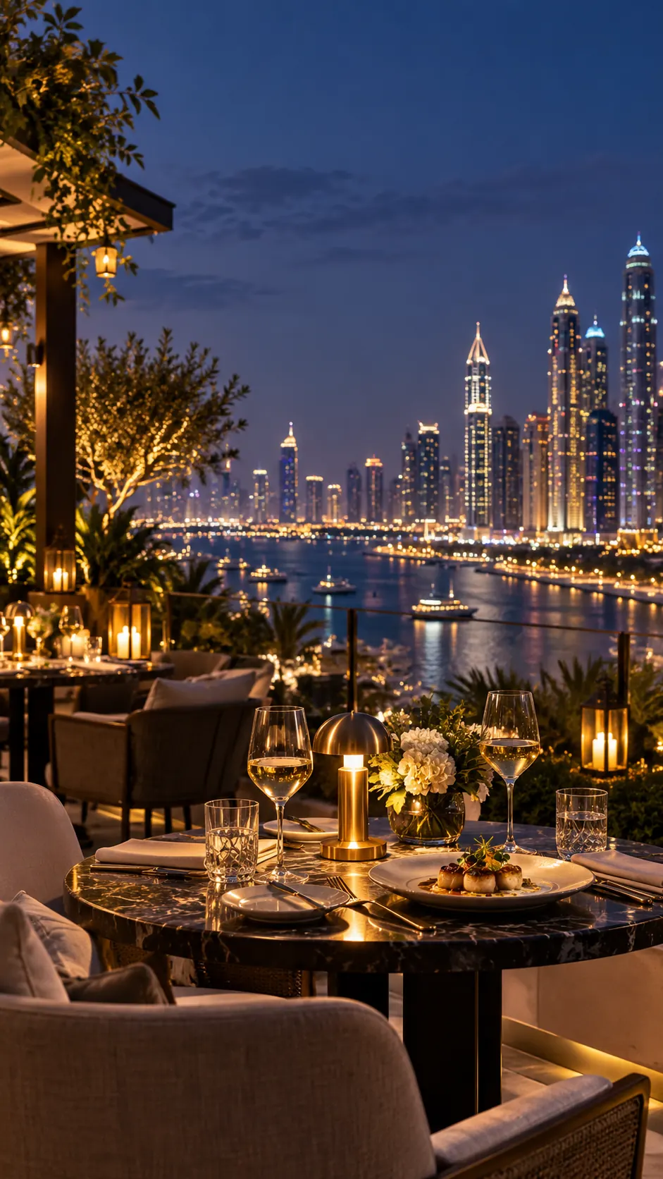 Elegant rooftop dinner overlooking a city skyline